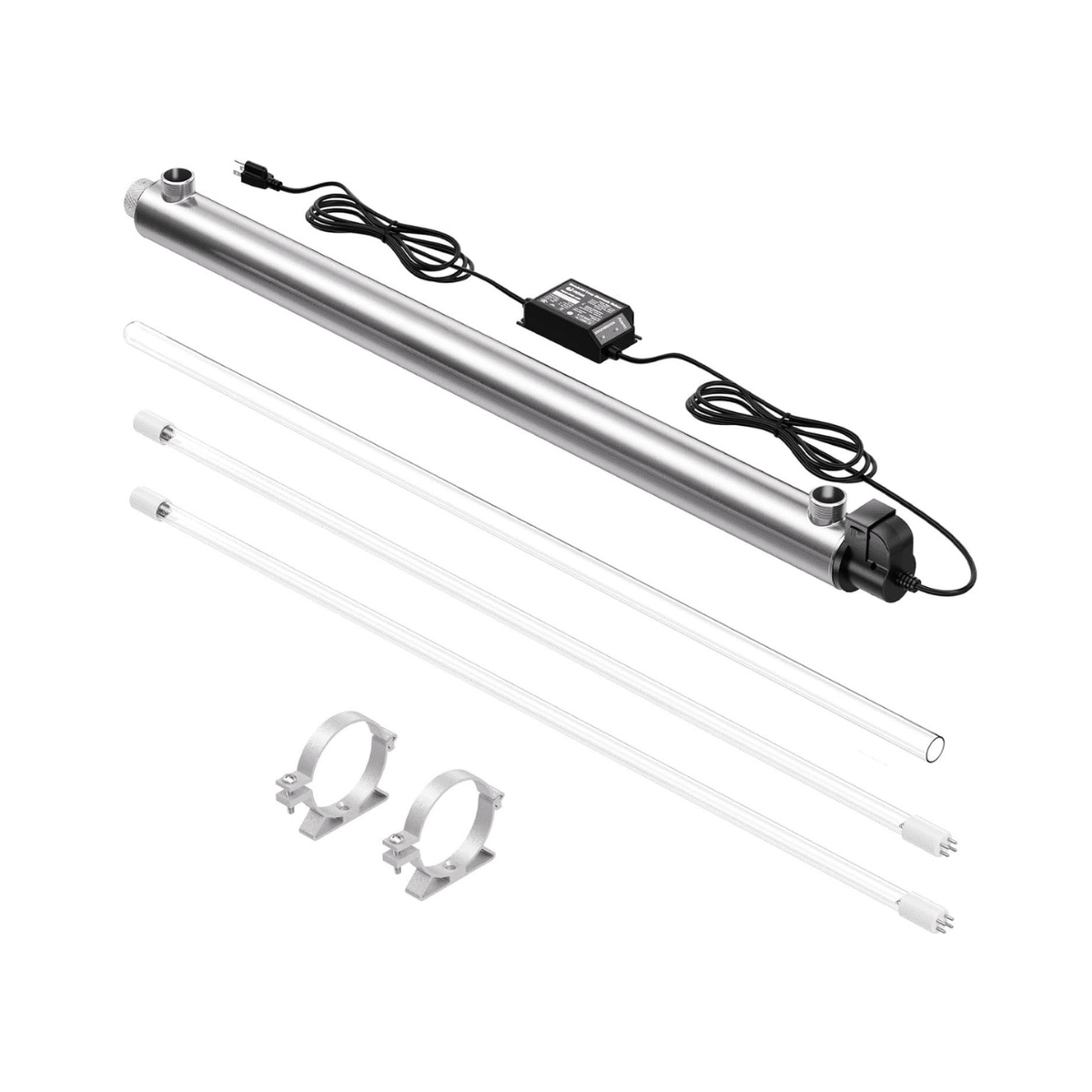 The UV purifier with its spare bulb and mounting hardware