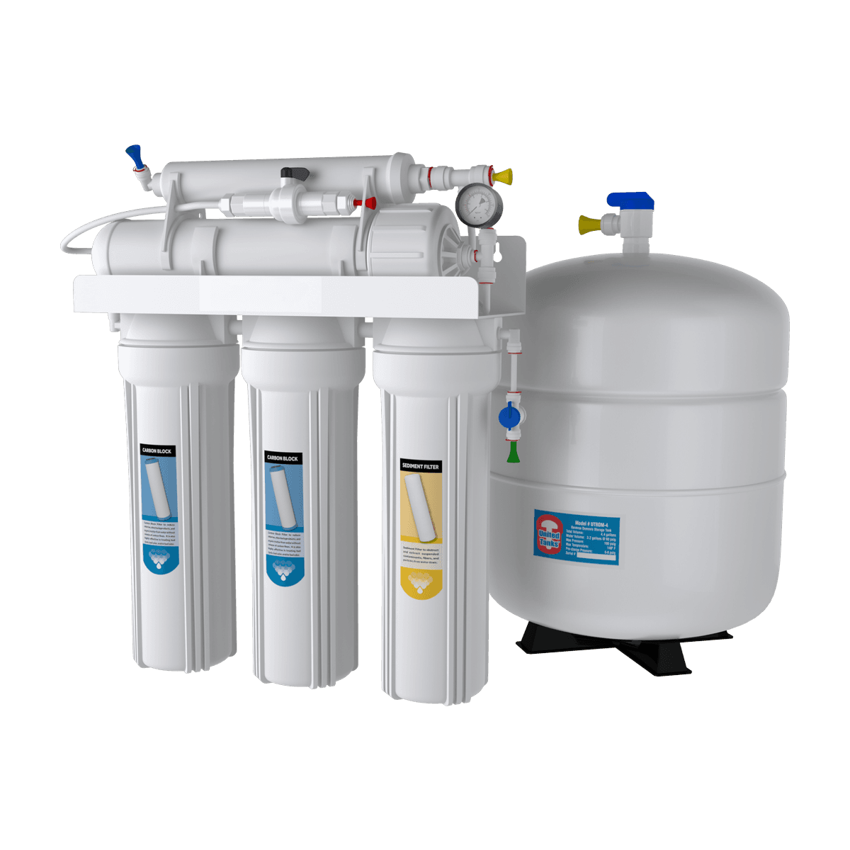 Five-stage reverse osmosis system with pressurized storage tank and dedicated faucet