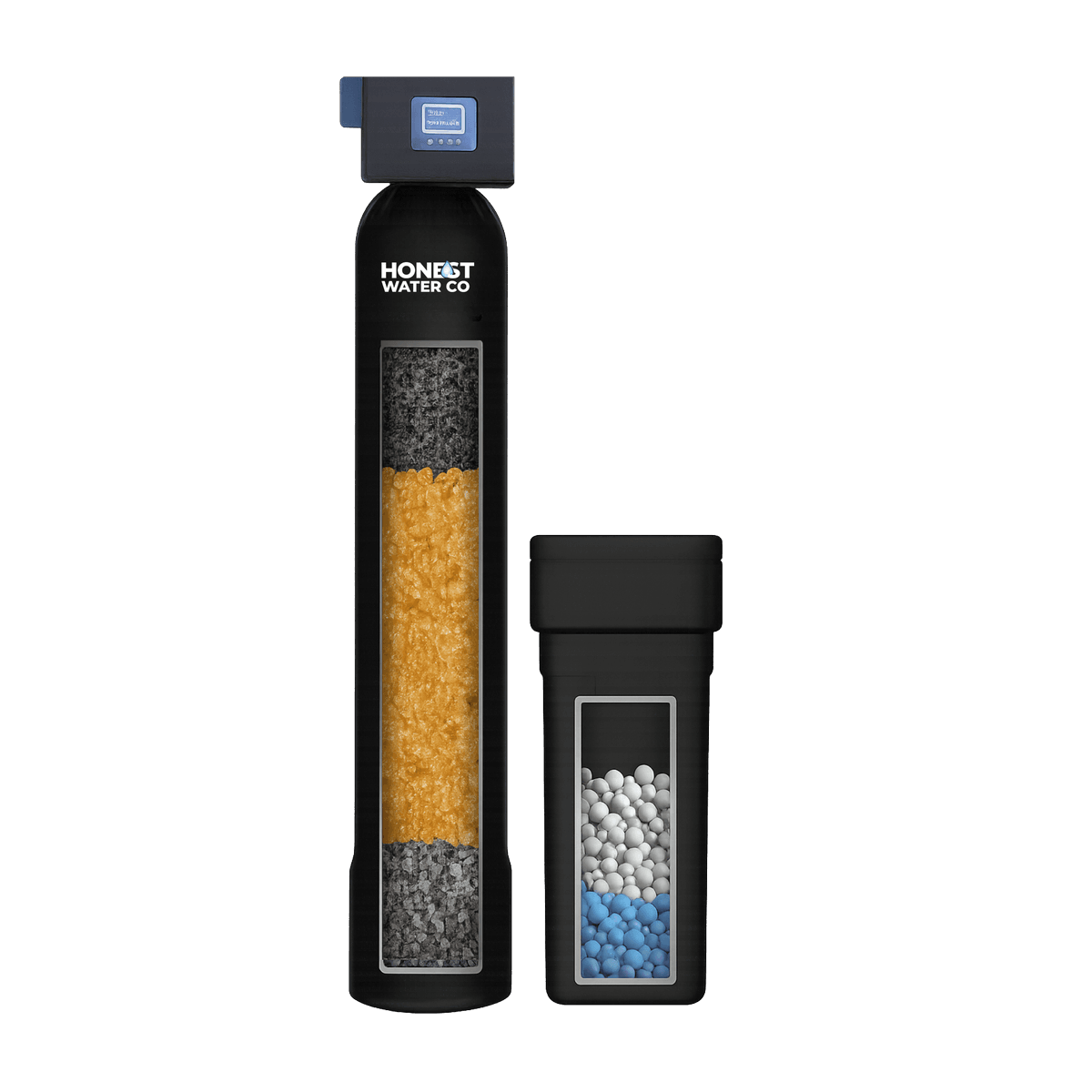 Honest Water Co Standard whole-home system — cutaway showing the softening resin and coconut-shell carbon layers